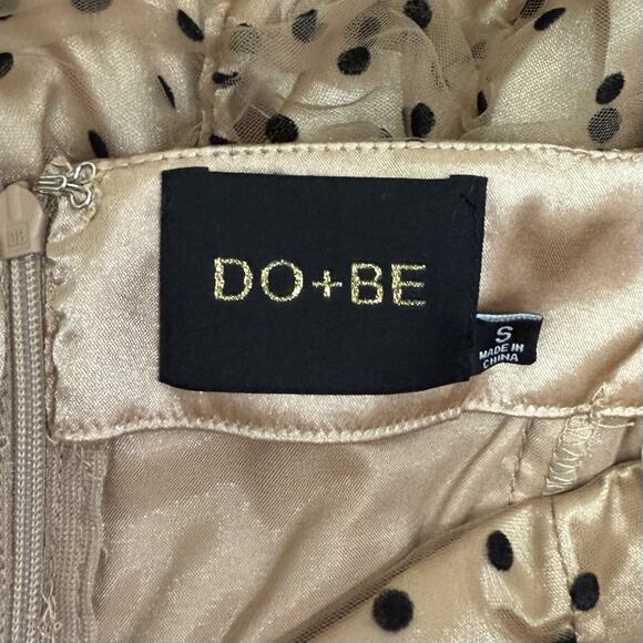 DO + BE Mini Dress Women's Small Tan Black Polka Dot Sheer Mesh Ruched Zip Up - Picture 5 of 8